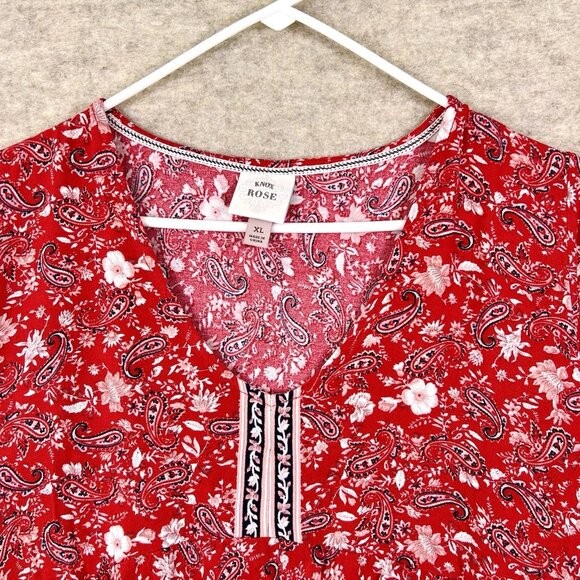 Knox Rose Womens XL Red Floral Blouse Shirt Short Sleeve Flowercore Boho - Picture 3 of 8